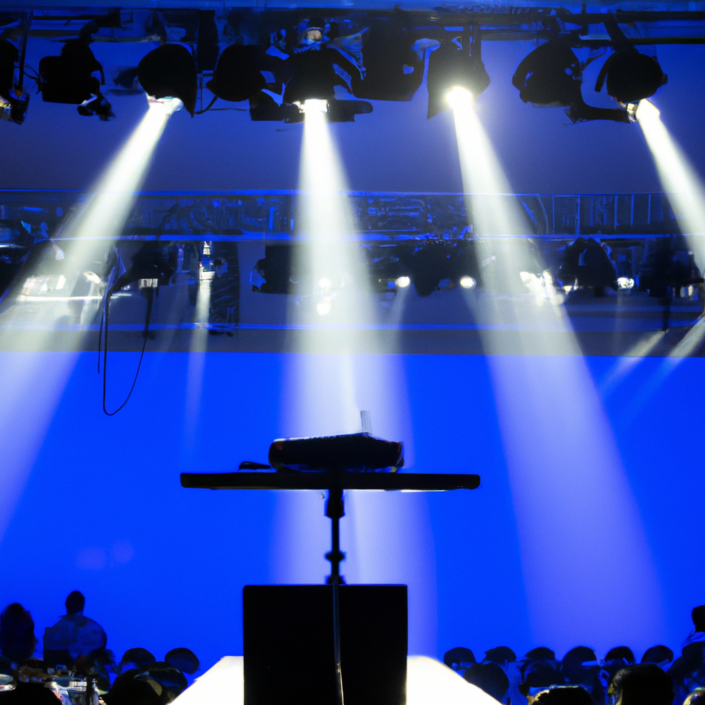 Evento corporativo con luces azules y público atento