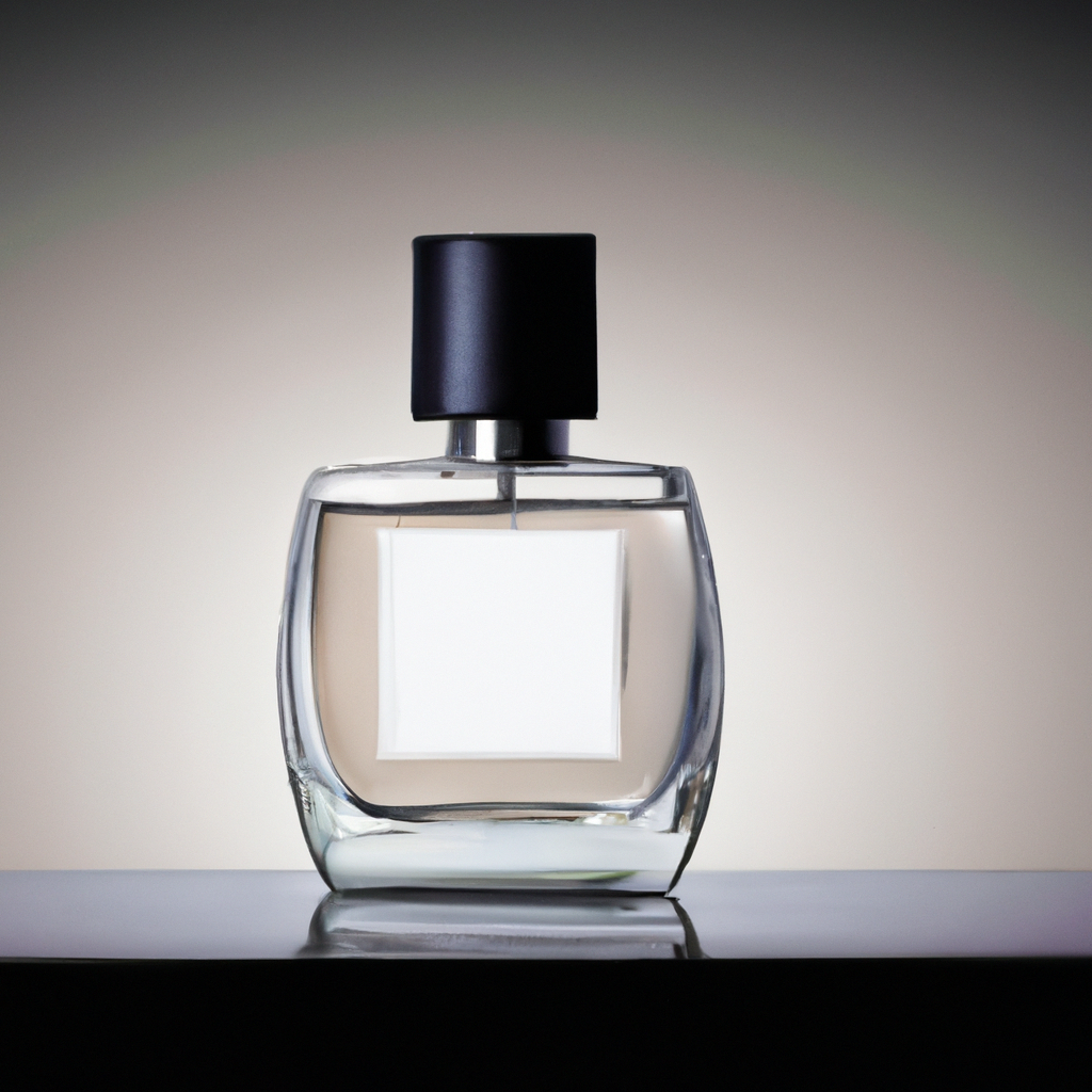 Producto perfume minimal con reflejo de cristal y sombra suave